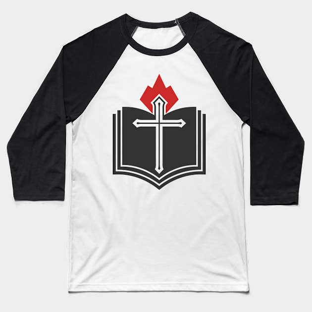 The cross of the Lord Jesus Christ, an open Bible and a flame of fire are a symbol of the Holy Spirit. Baseball T-Shirt by Reformer